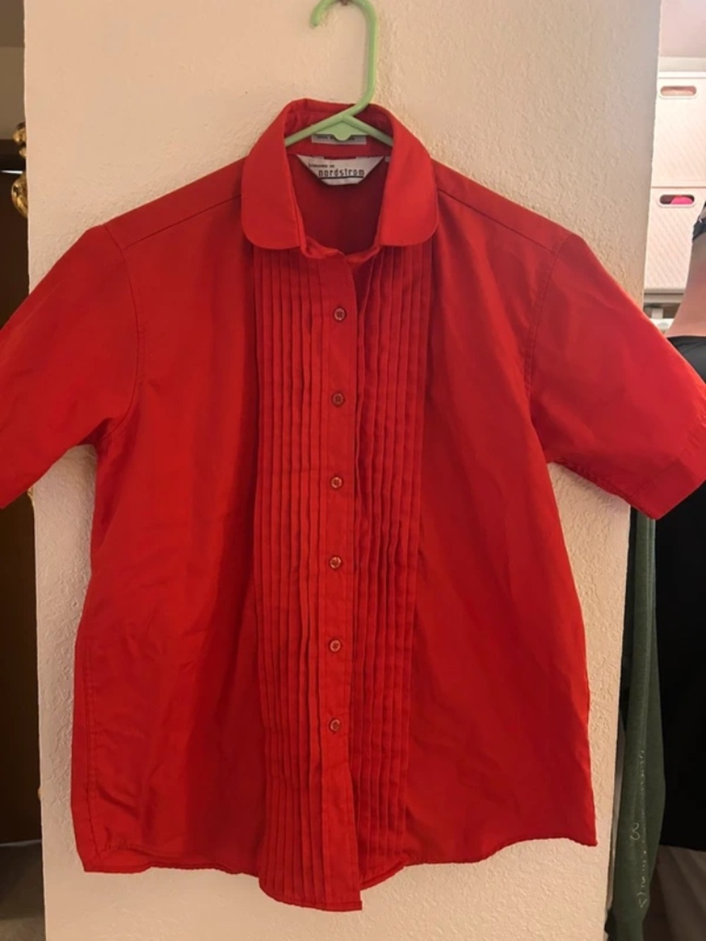 Vintage Nordstrom Hong Kong Red Pintuck Blouse Size 14 Short Sleeve Button Front